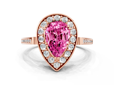 Rose gold {shape_name} Pink Sapphire Halo Ring with Split Shank and Four-Prong Setting