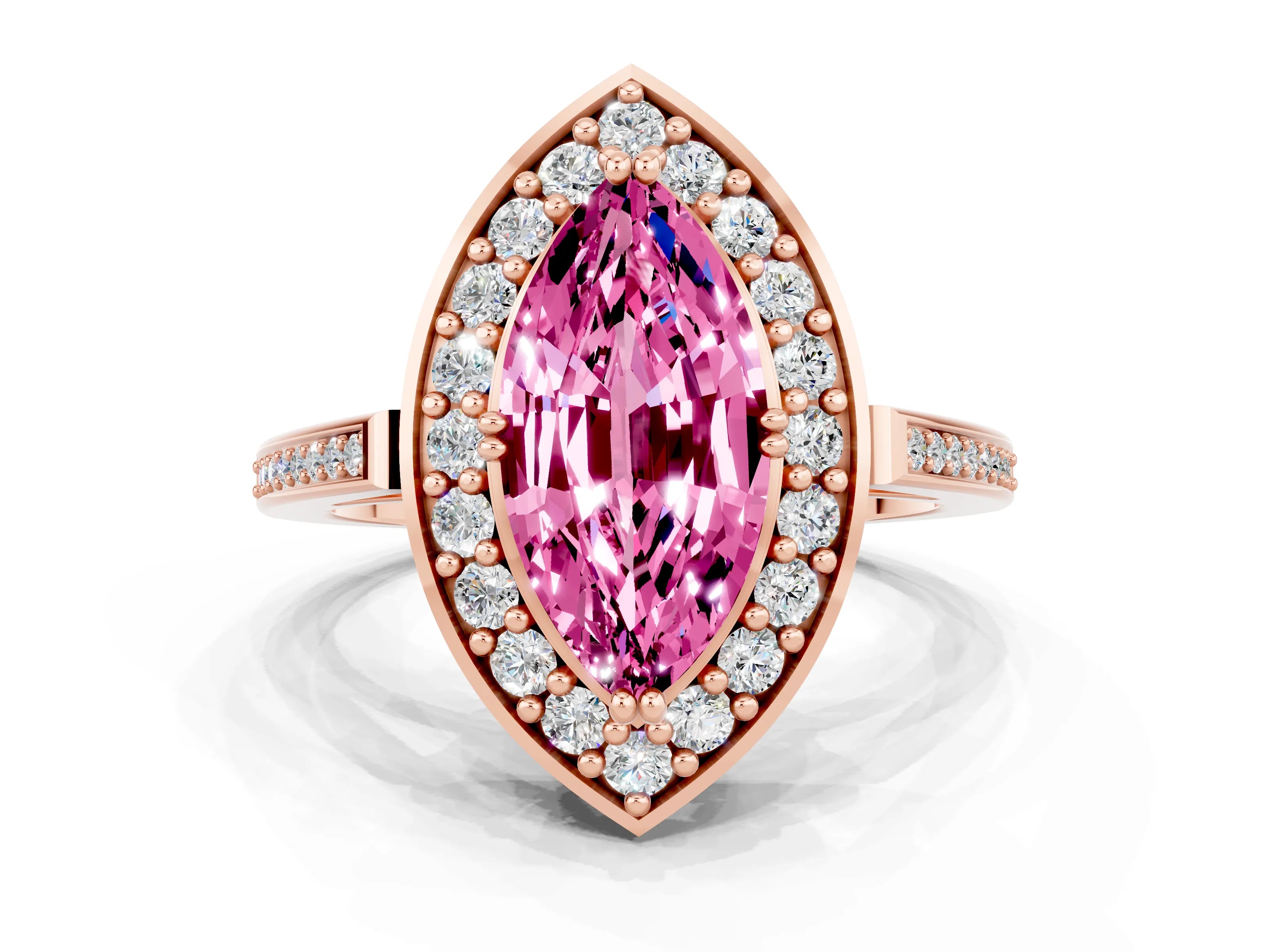 Rose gold {shape_name} Pink Sapphire Halo Ring with Split Shank and Four-Prong Setting