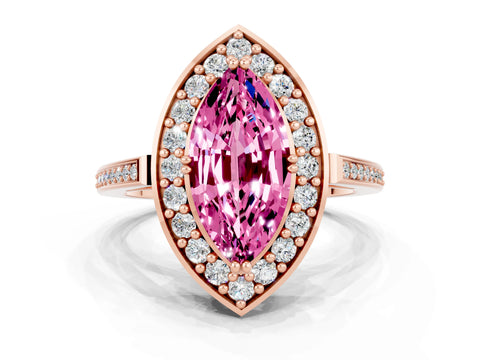 Rose gold {shape_name} Pink Sapphire Halo Ring with Split Shank and Four-Prong Setting