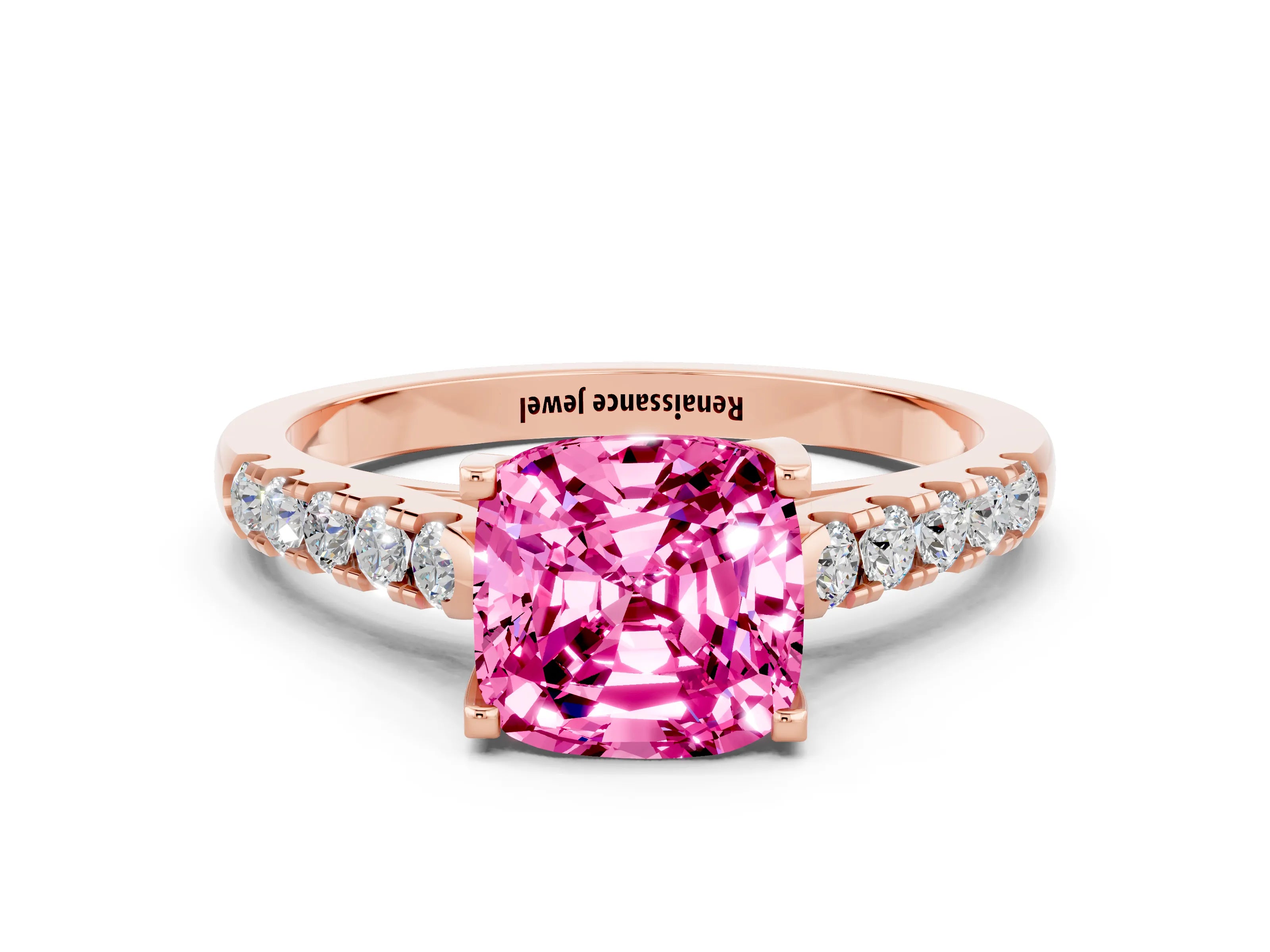 Rose gold {shape_name} Pink Sapphire Solitaire Ring with Pavé Band and Four-Prong Setting