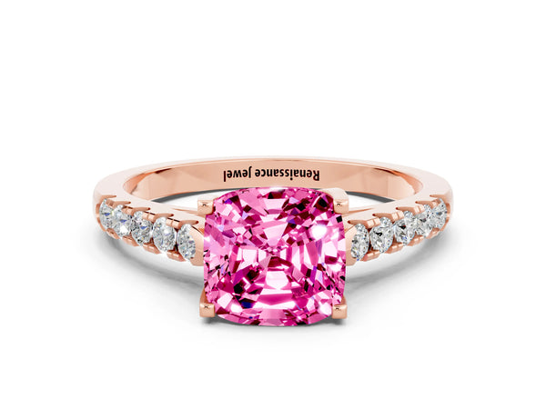 Rose gold Cushion Cut Pink Sapphire Pavé Band Solitaire Ring with Prong Setting