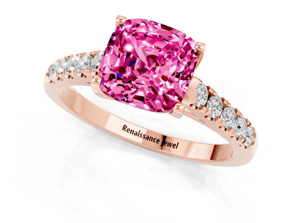 Rose gold Cushion Cut Pink Sapphire Pavé Band Solitaire Ring with Prong Setting
