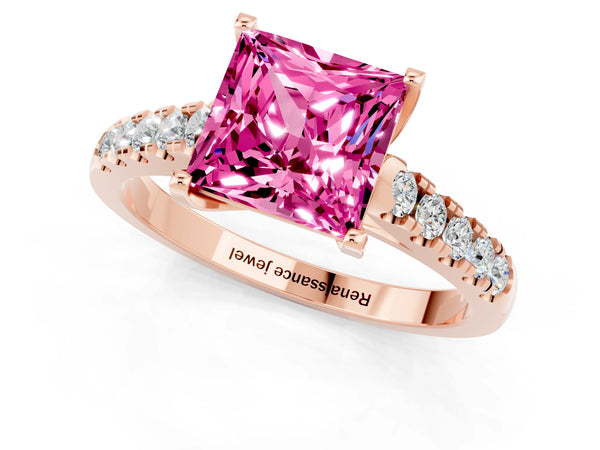 Rose gold Princess Cut Pink Sapphire Pavé Band Solitaire Ring with Prong Setting