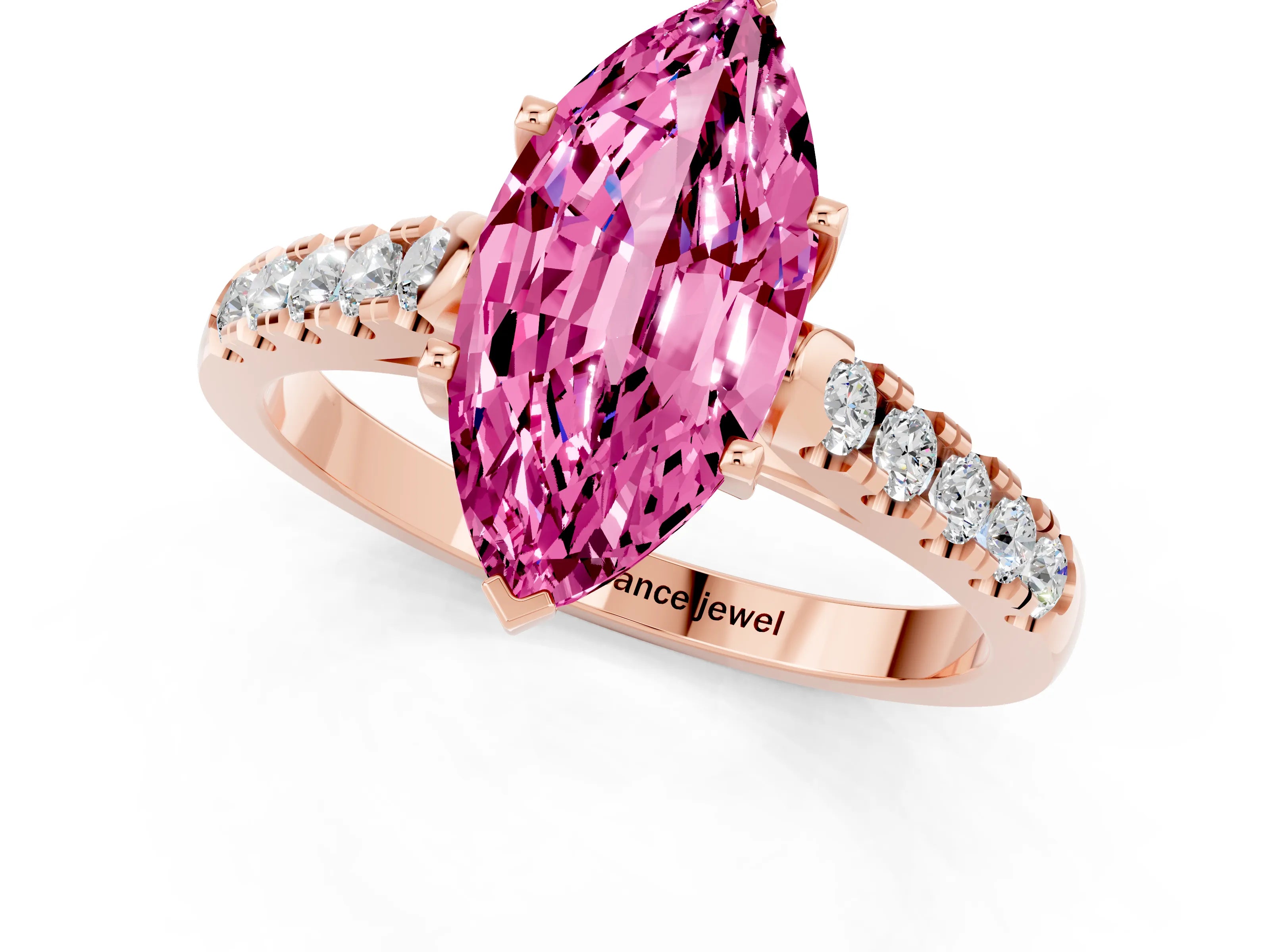 Rose gold {shape_name} Pink Sapphire Solitaire Ring with Pavé Band and Four-Prong Setting_1