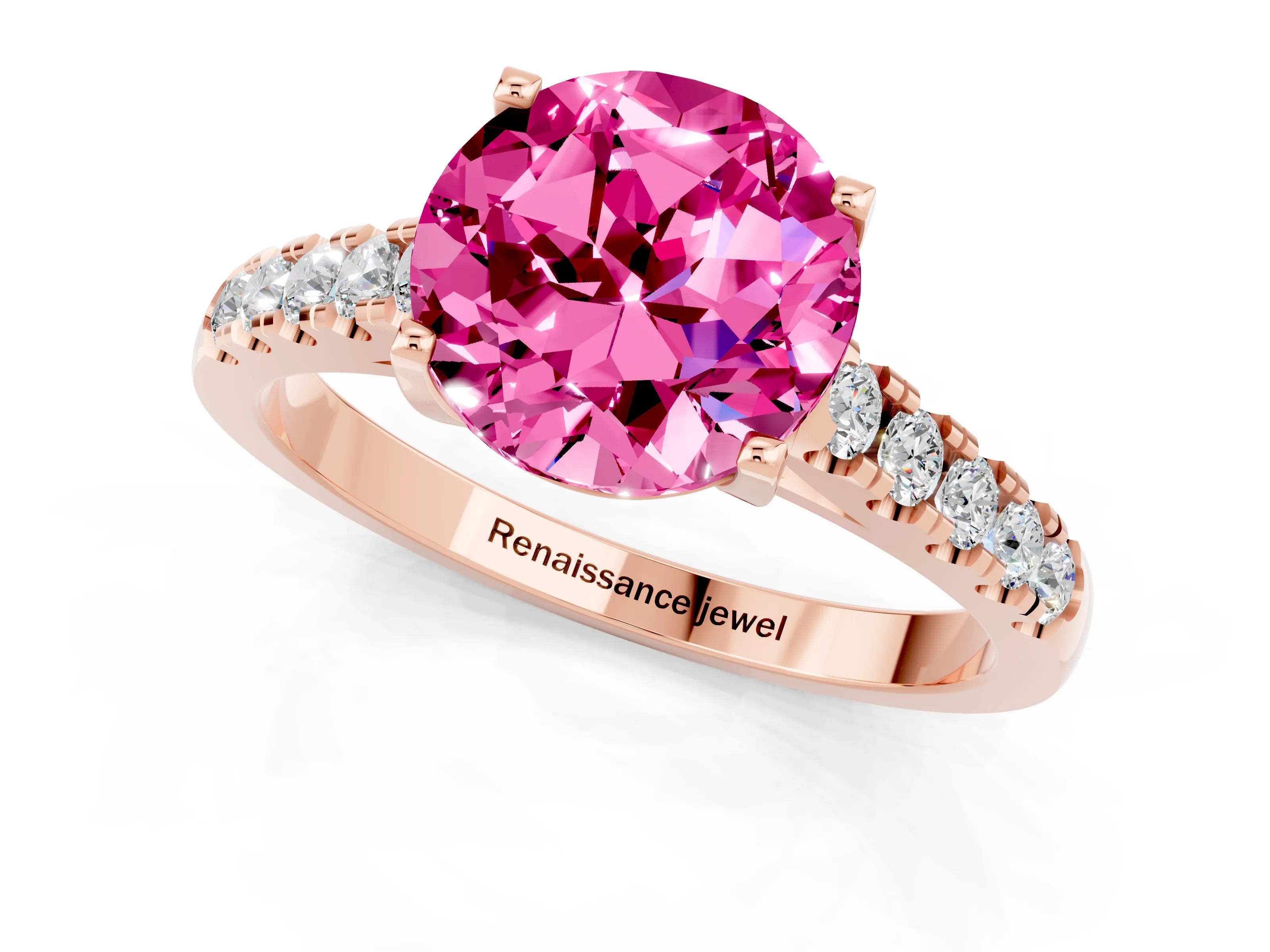 Rose gold {shape_name} Pink Sapphire Solitaire Ring with Pavé Band and Four-Prong Setting_1