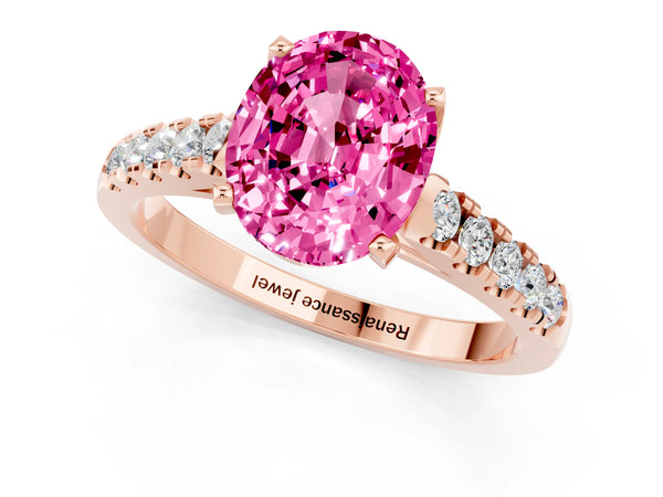 Rose gold Oval Cut Pink Sapphire Pavé Band Solitaire Ring with Prong Setting