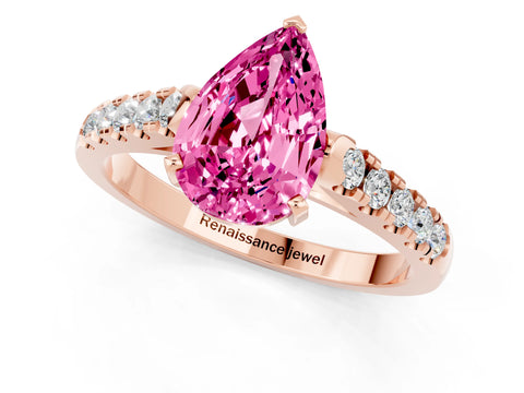 Rose gold {shape_name} Pink Sapphire Solitaire Ring with Pavé Band and Four-Prong Setting_1