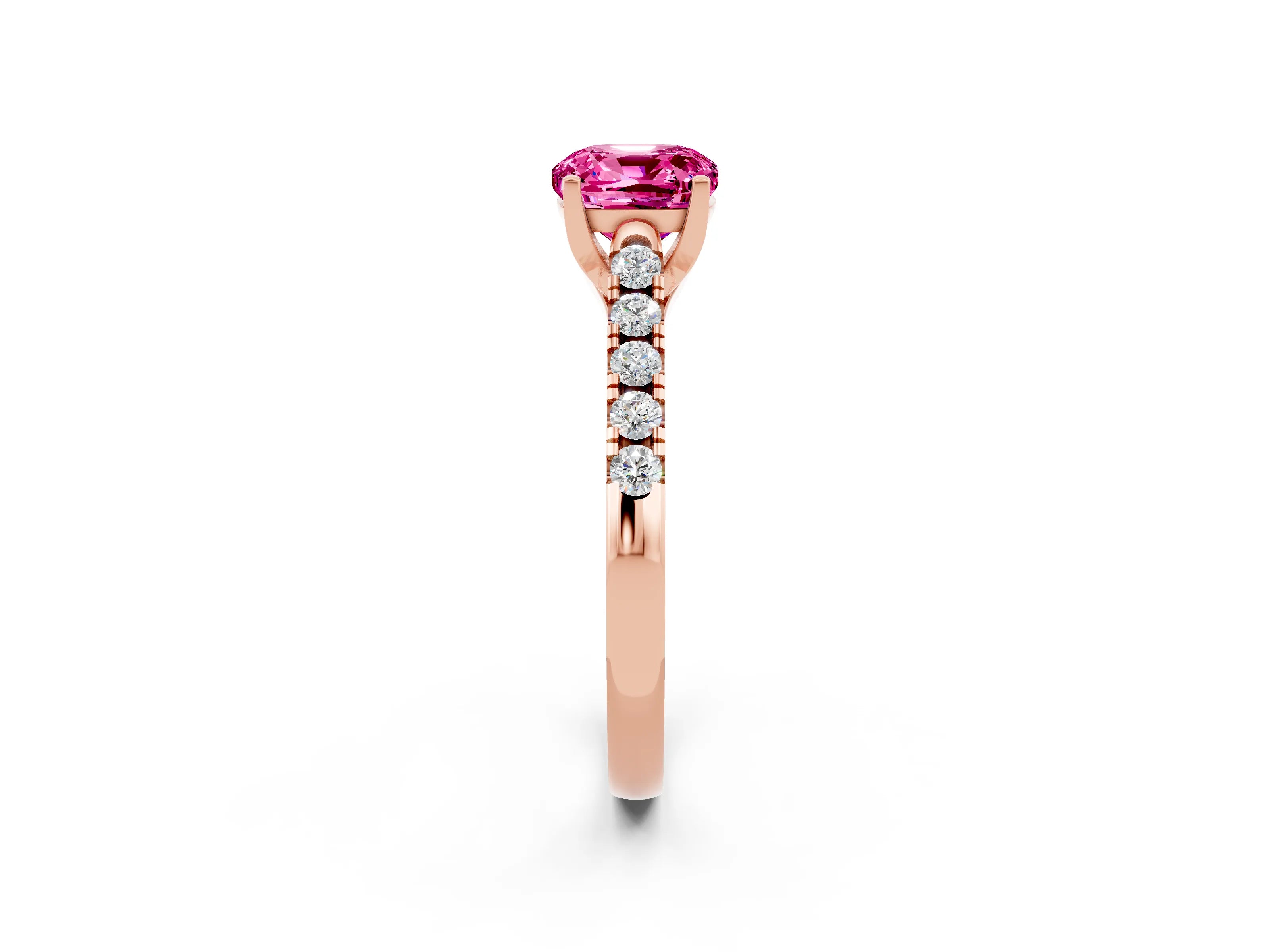 Rose gold {shape_name} Pink Sapphire Solitaire Ring with Pavé Band and Four-Prong Setting_2