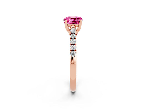 Rose gold Cushion Cut Pink Sapphire Pavé Band Solitaire Ring with Prong Setting