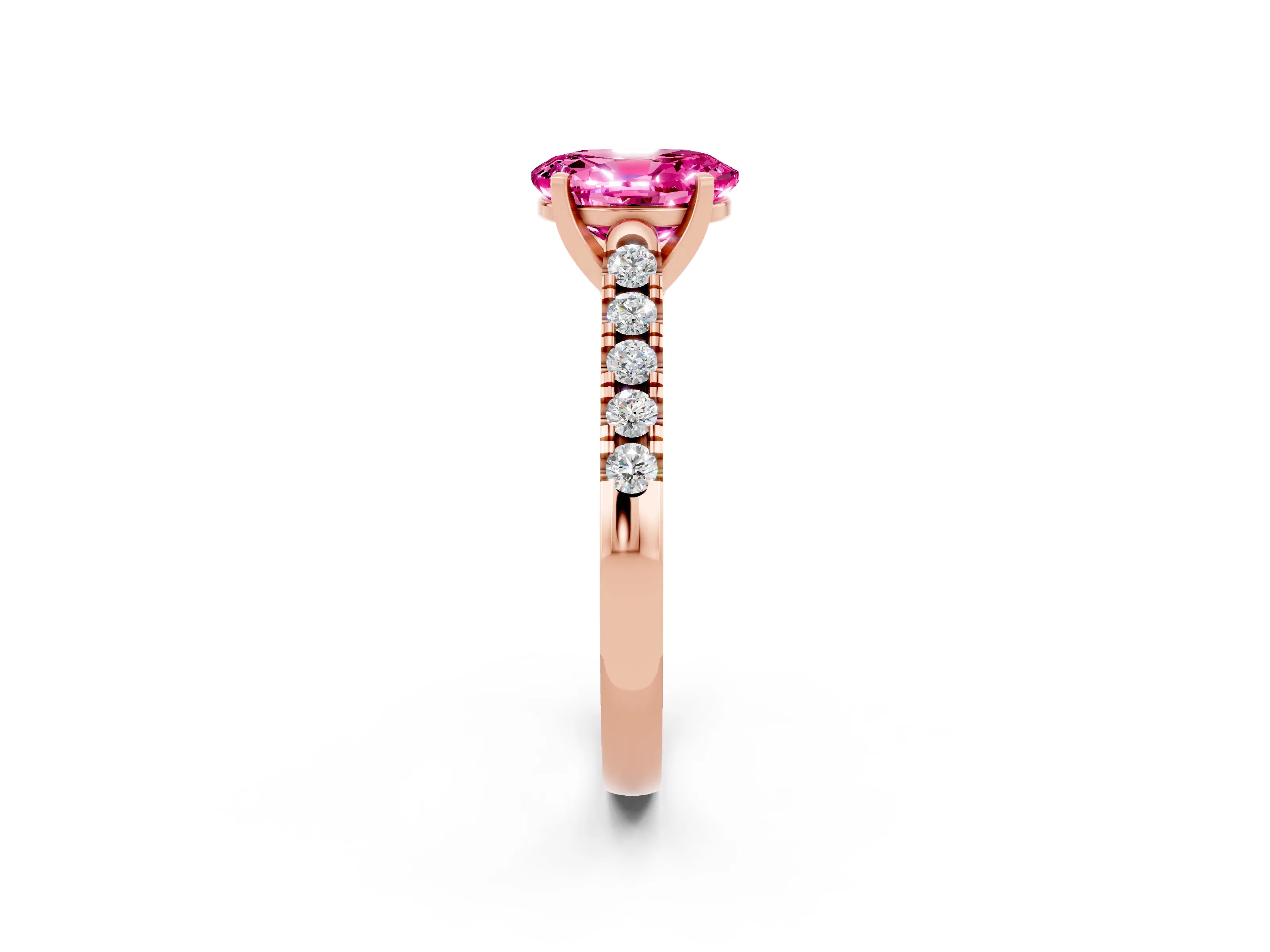 Rose gold {shape_name} Pink Sapphire Solitaire Ring with Pavé Band and Four-Prong Setting_2