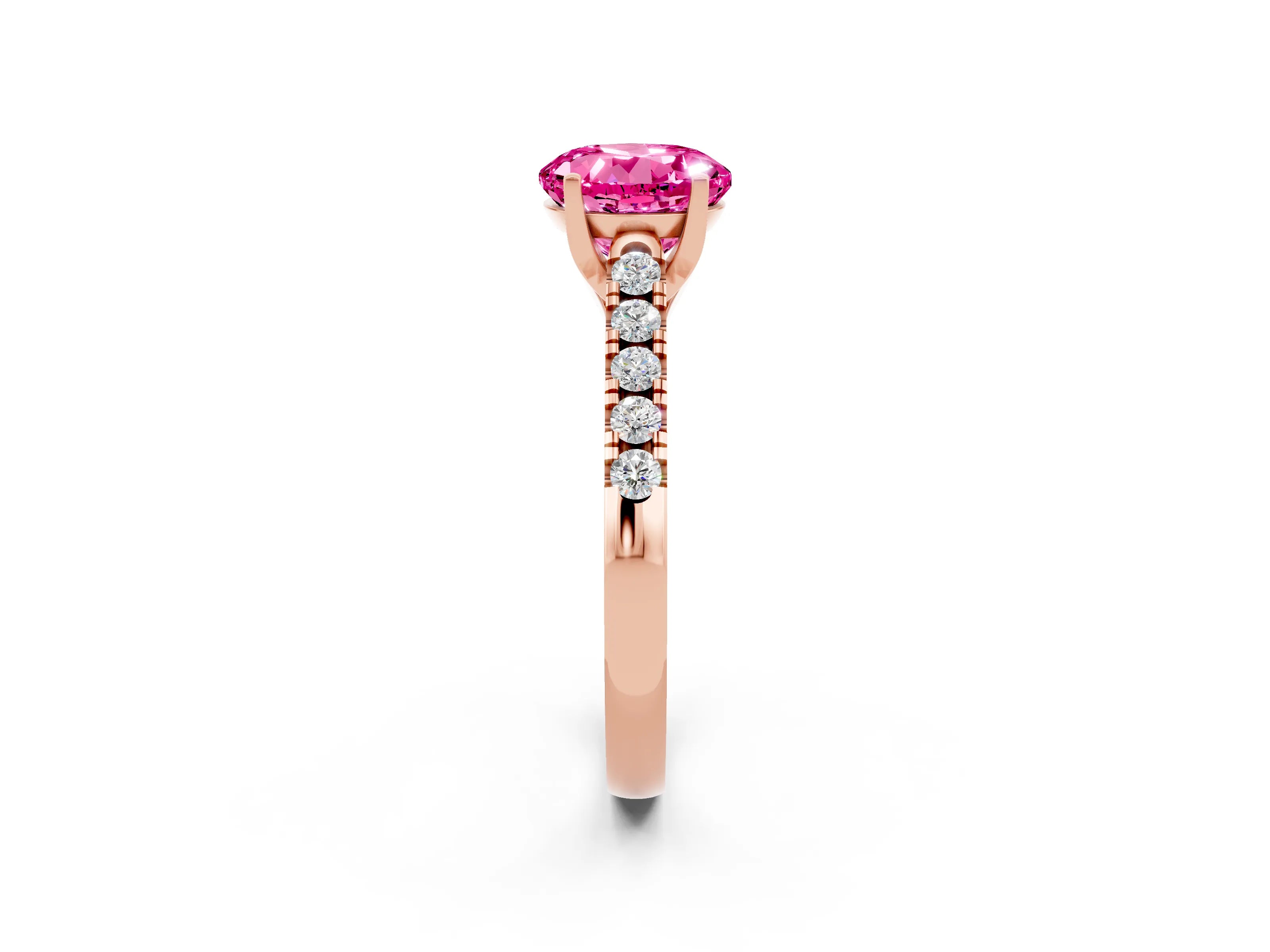 Rose gold {shape_name} Pink Sapphire Solitaire Ring with Pavé Band and Four-Prong Setting_2