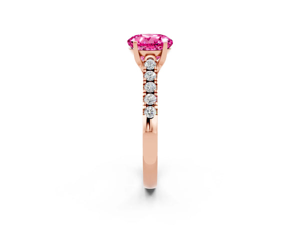 Rose gold Round Cut Pink Sapphire Pavé Band Solitaire Ring with Prong Setting