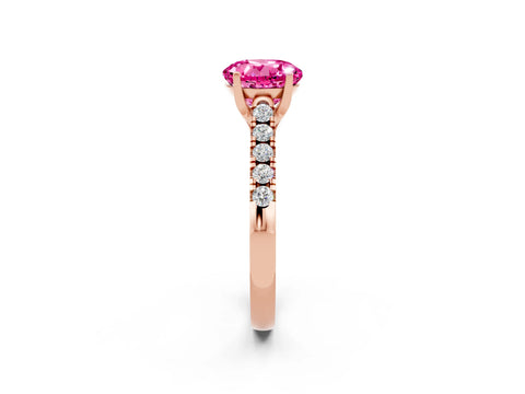 Rose gold {shape_name} Pink Sapphire Solitaire Ring with Pavé Band and Four-Prong Setting_2