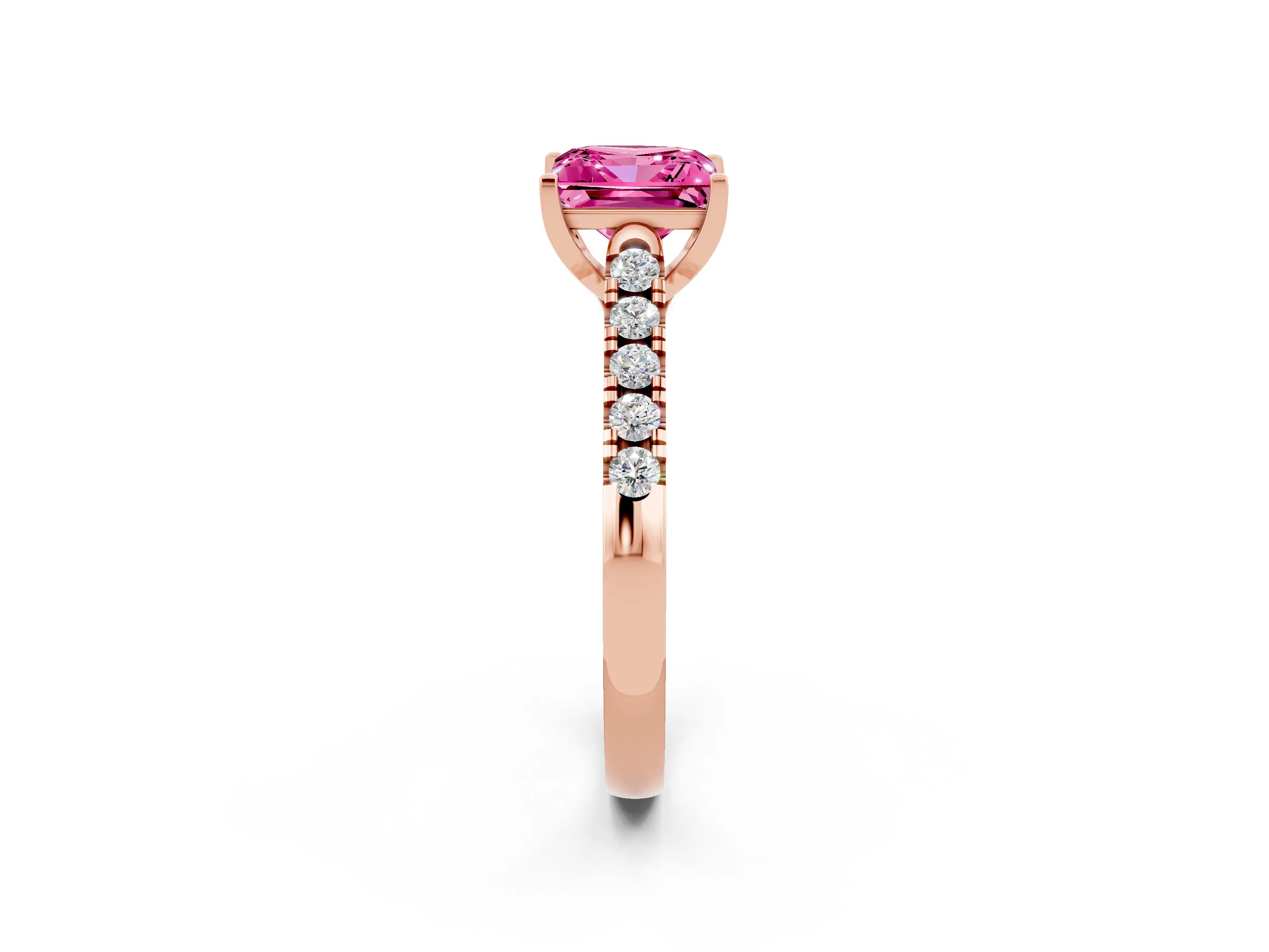 Rose gold {shape_name} Pink Sapphire Solitaire Ring with Pavé Band and Four-Prong Setting_2