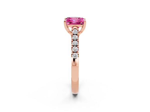 Rose gold Princess Cut Pink Sapphire Pavé Band Solitaire Ring with Prong Setting