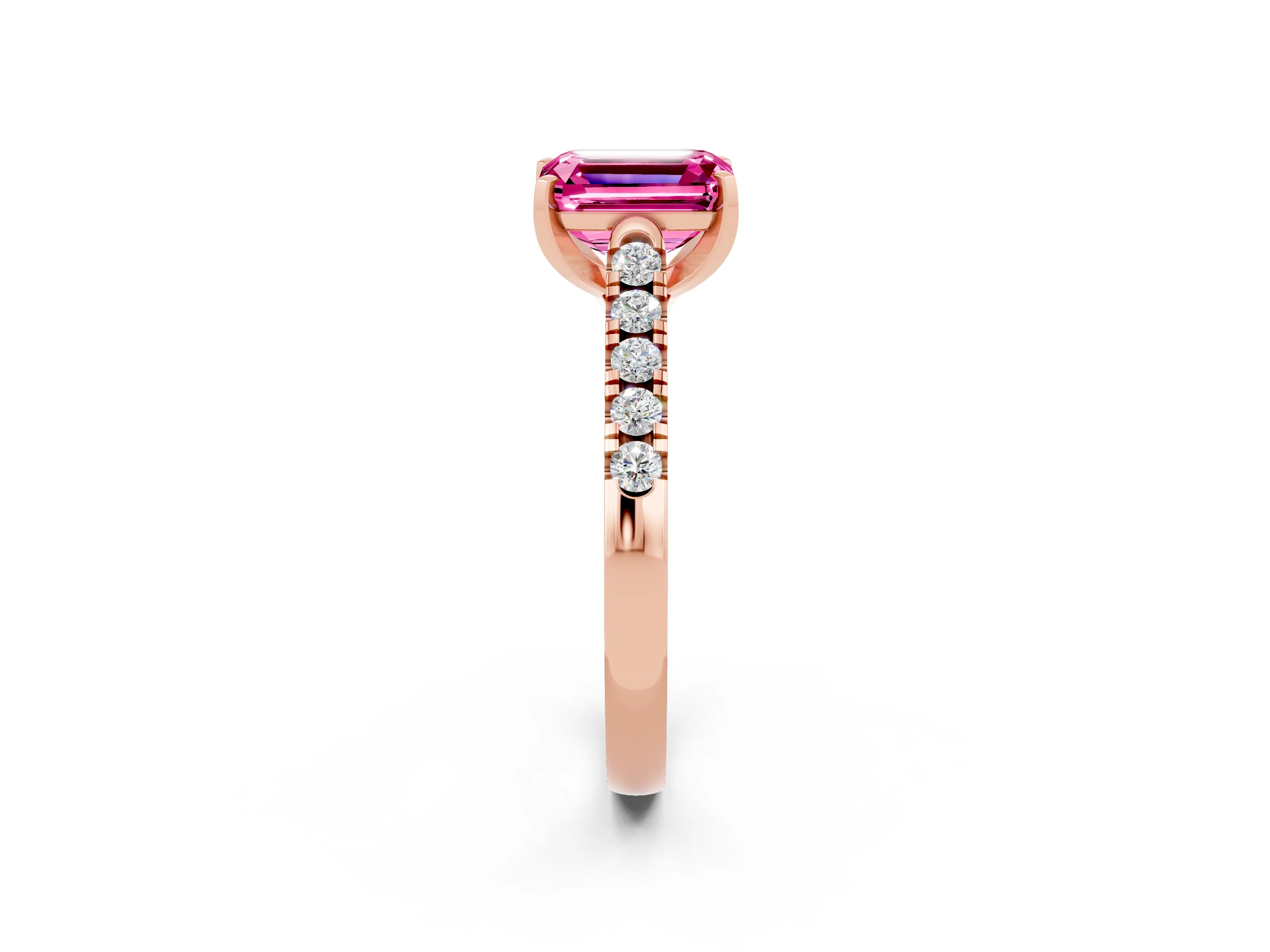 Rose gold {shape_name} Pink Sapphire Solitaire Ring with Pavé Band and Four-Prong Setting_2