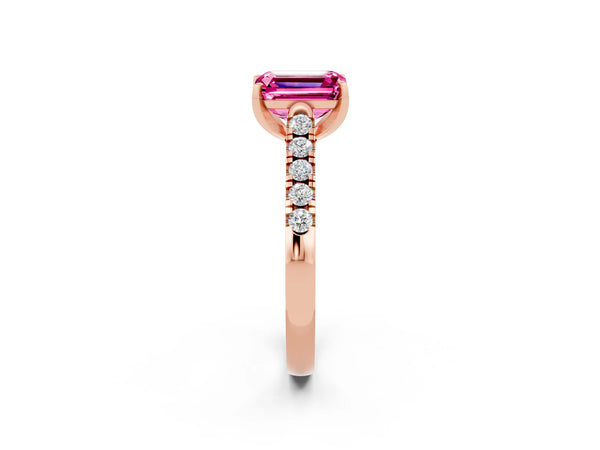 Rose gold Emerald Cut Pink Sapphire Pavé Band Solitaire Ring with Prong Setting