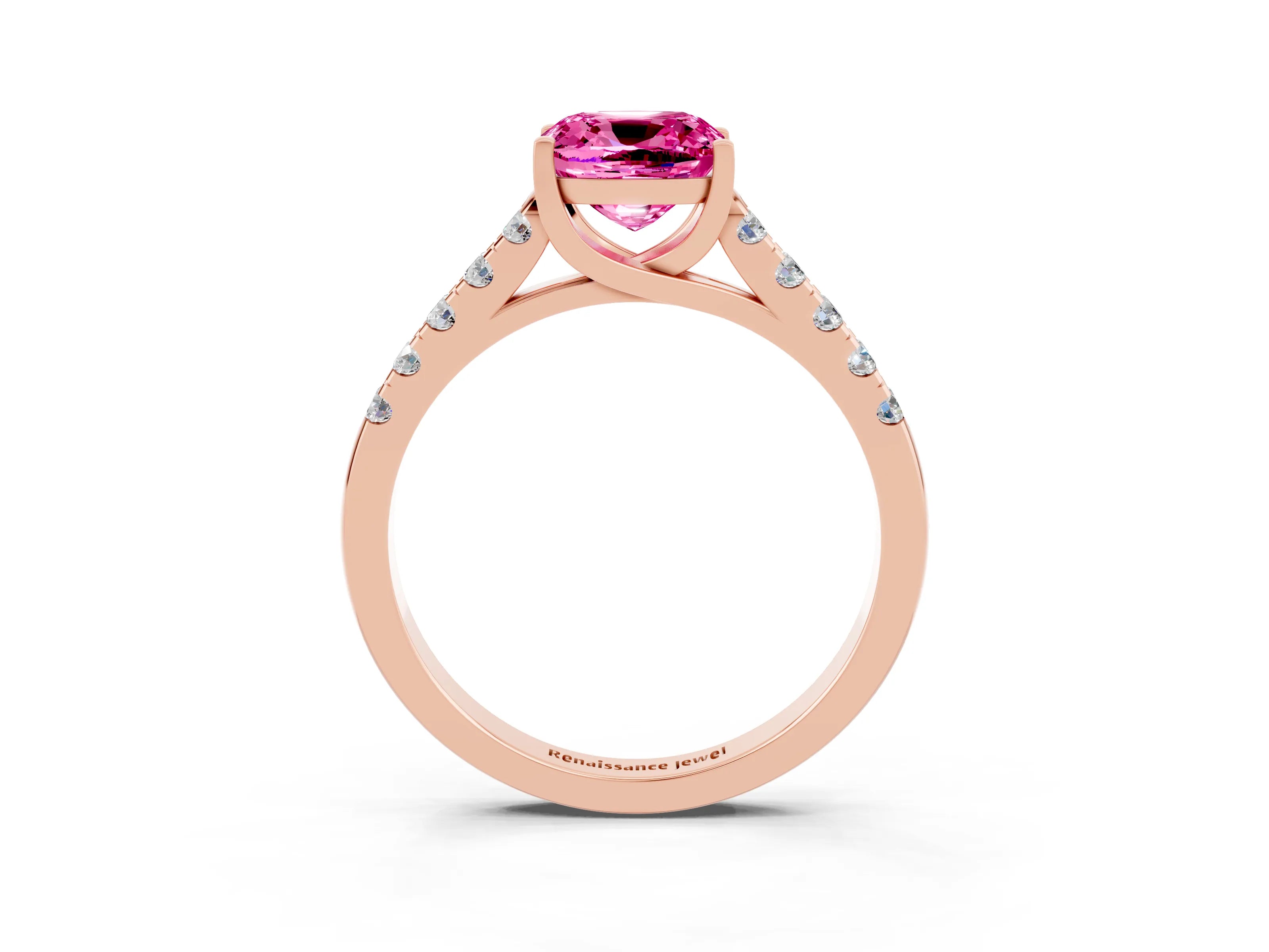 Rose gold {shape_name} Pink Sapphire Solitaire Ring with Pavé Band and Four-Prong Setting_3
