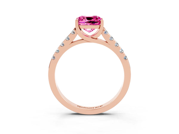 Rose gold Cushion Cut Pink Sapphire Pavé Band Solitaire Ring with Prong Setting