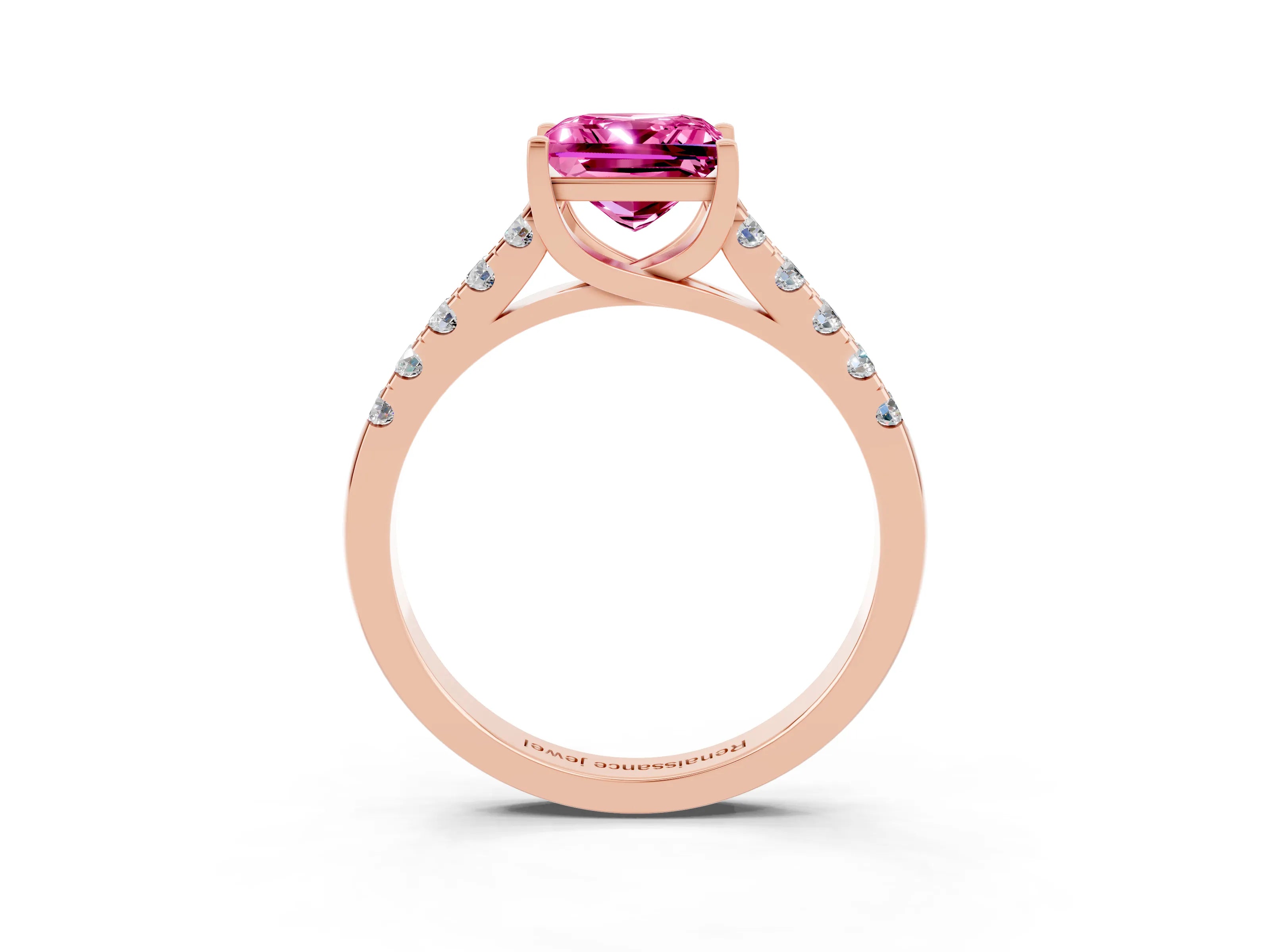 Rose gold {shape_name} Pink Sapphire Solitaire Ring with Pavé Band and Four-Prong Setting_3