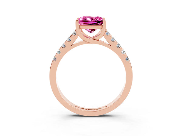 Rose gold Princess Cut Pink Sapphire Pavé Band Solitaire Ring with Prong Setting