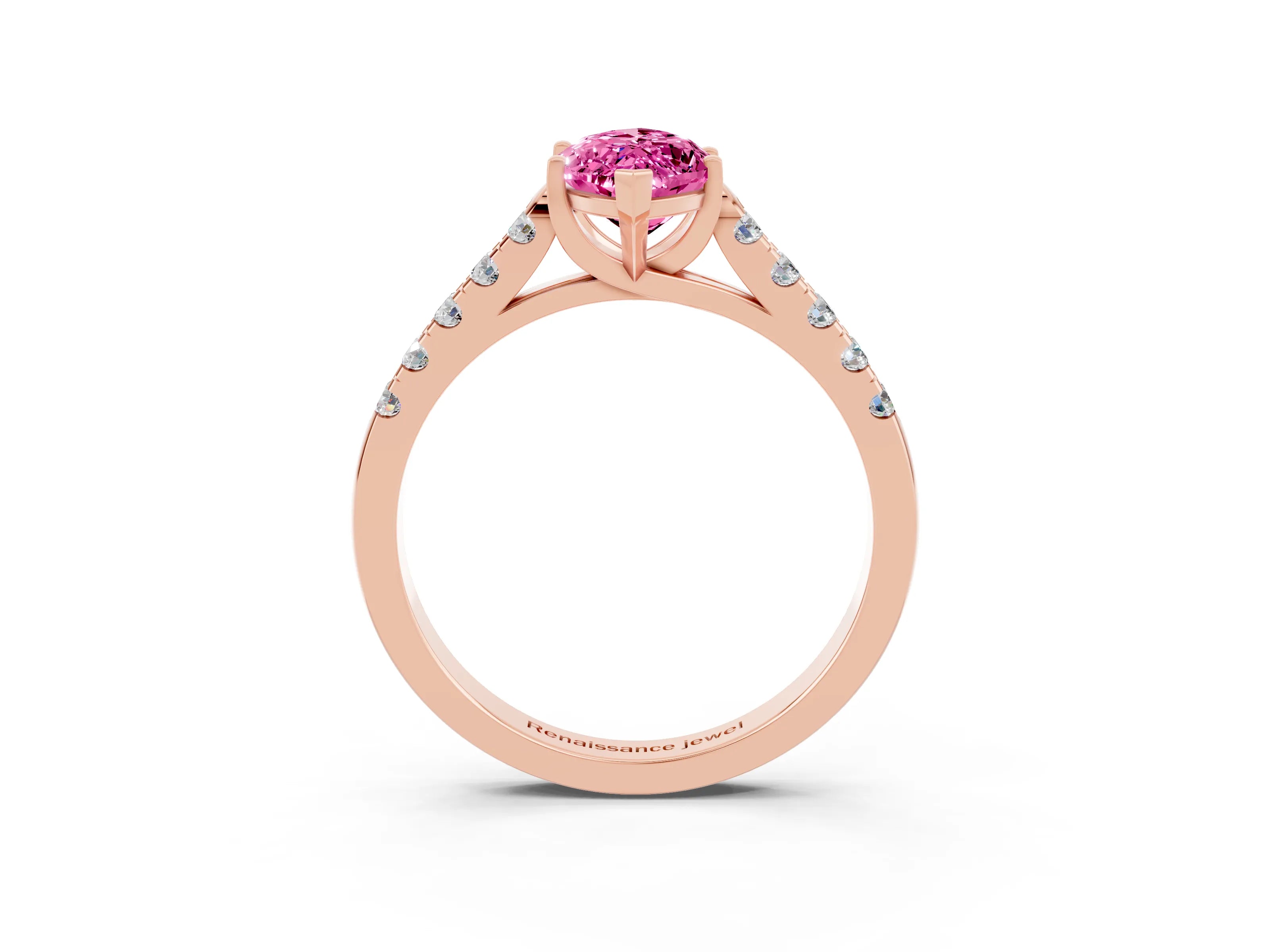 Rose gold {shape_name} Pink Sapphire Solitaire Ring with Pavé Band and Four-Prong Setting_3