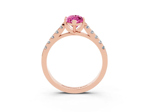 Rose gold {shape_name} Pink Sapphire Solitaire Ring with Pavé Band and Four-Prong Setting_3
