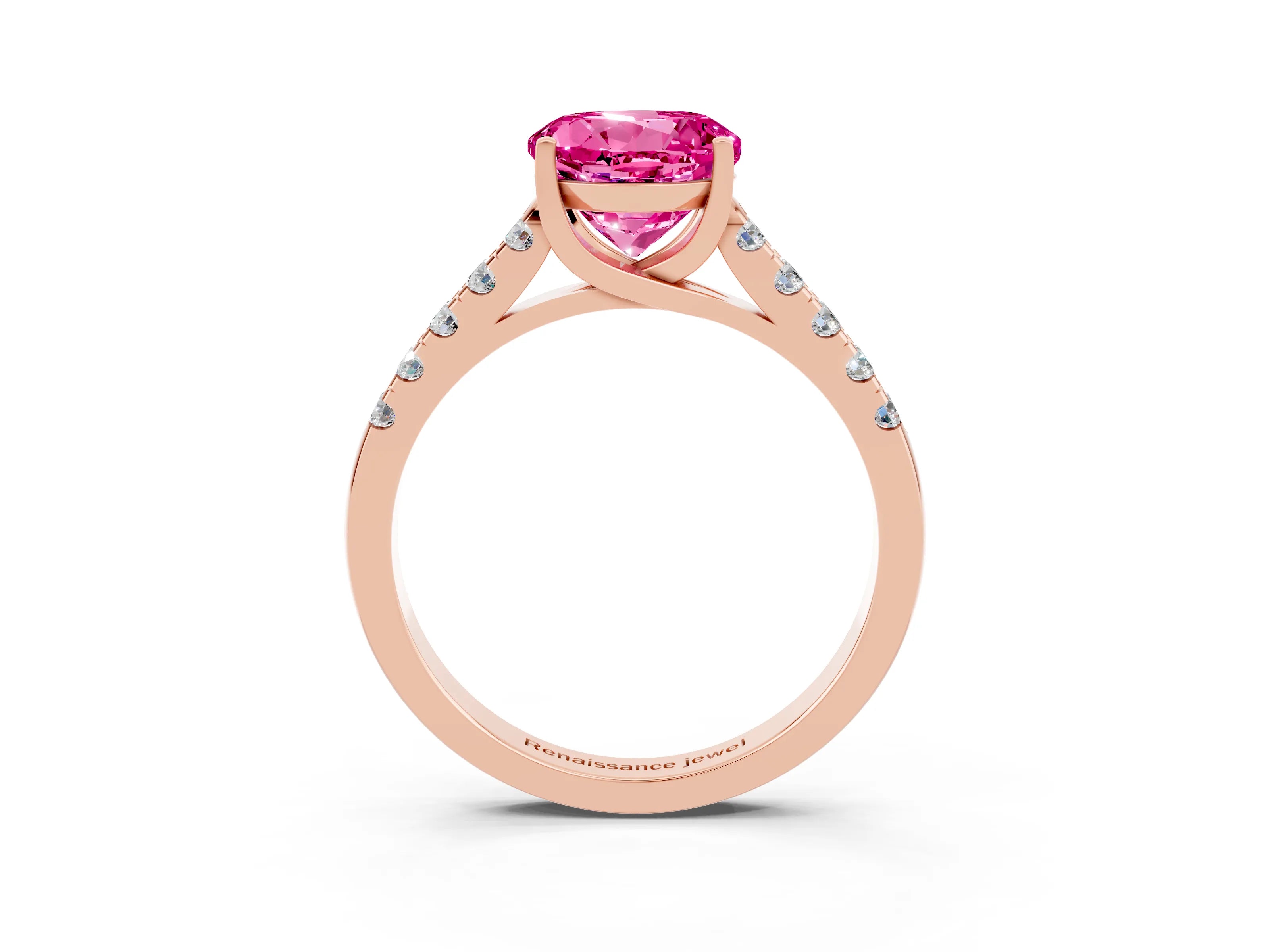 Rose gold {shape_name} Pink Sapphire Solitaire Ring with Pavé Band and Four-Prong Setting_3