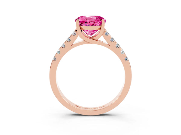 Rose gold Round Cut Pink Sapphire Pavé Band Solitaire Ring with Prong Setting