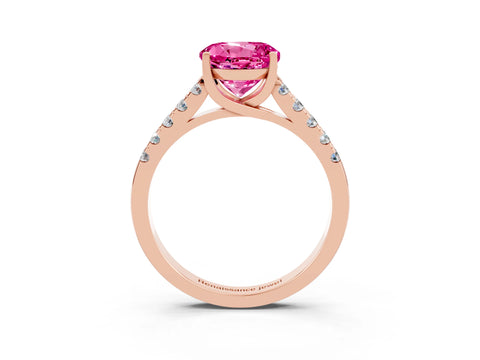 Rose gold {shape_name} Pink Sapphire Solitaire Ring with Pavé Band and Four-Prong Setting_3