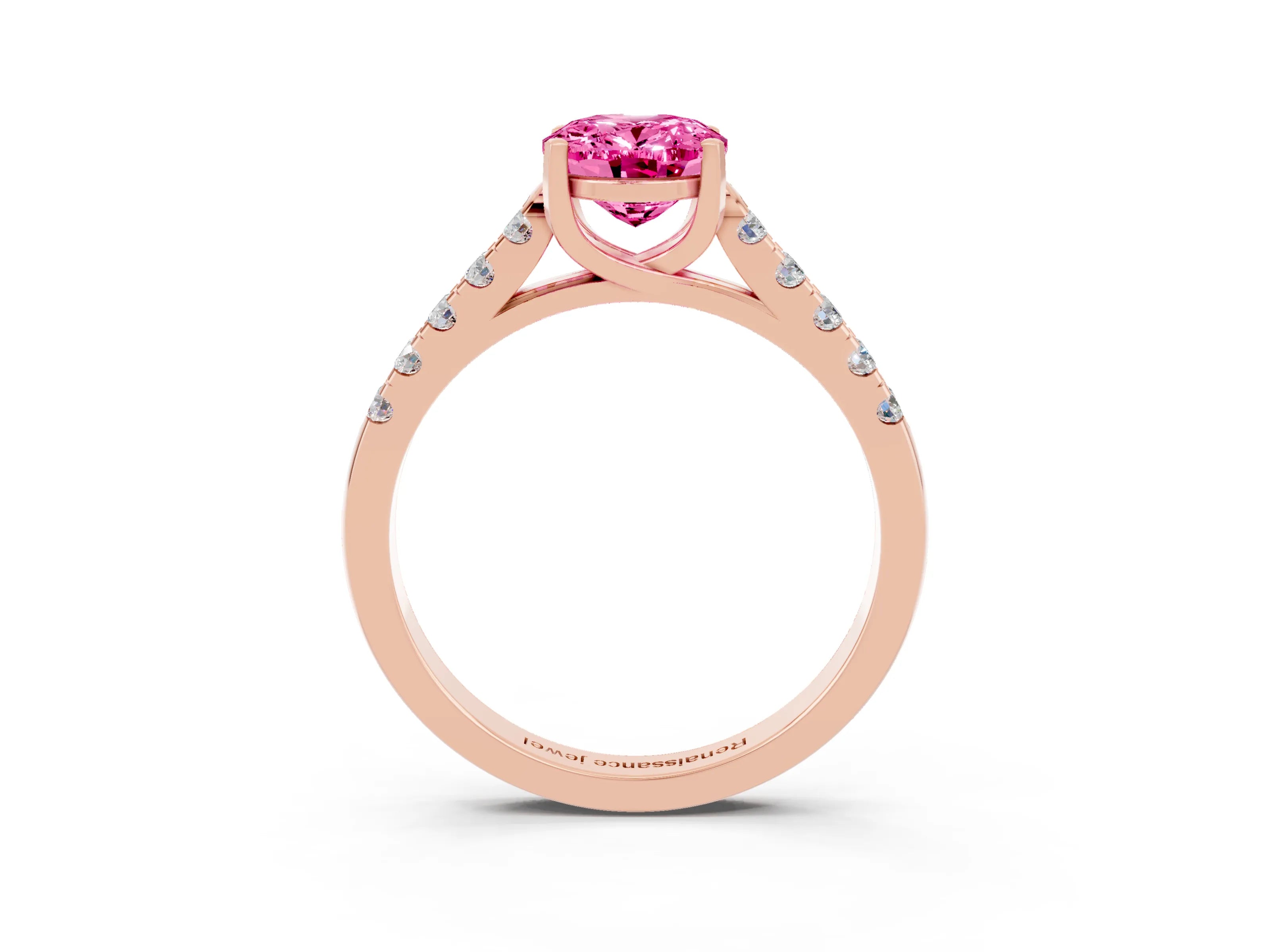 Rose gold {shape_name} Pink Sapphire Solitaire Ring with Pavé Band and Four-Prong Setting_3