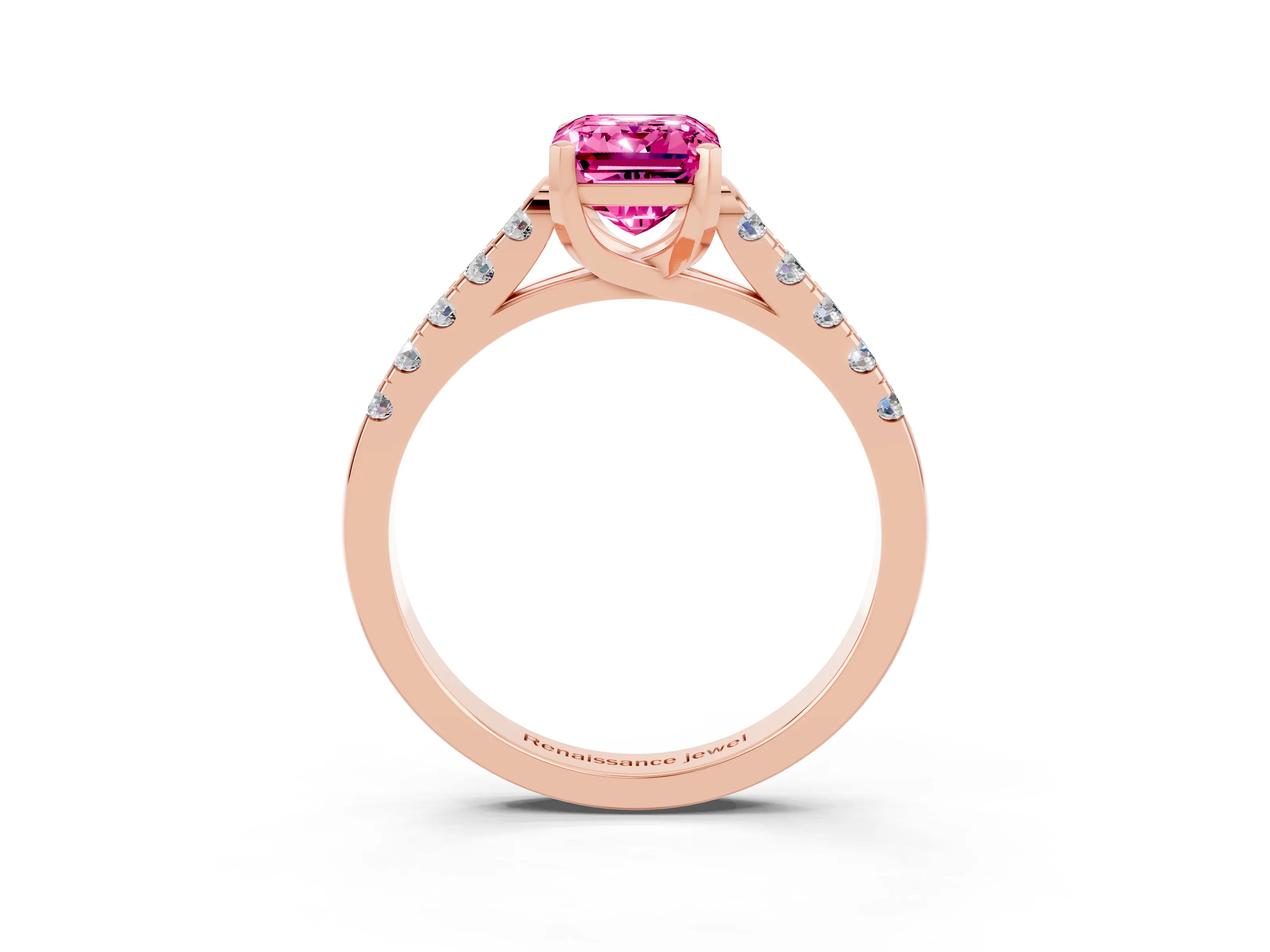 Rose gold {shape_name} Pink Sapphire Solitaire Ring with Pavé Band and Four-Prong Setting_3