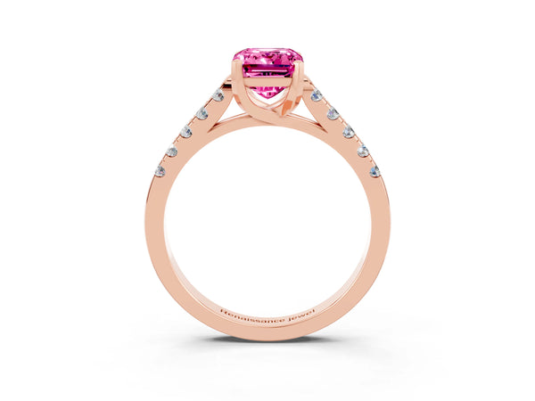 Rose gold Emerald Cut Pink Sapphire Pavé Band Solitaire Ring with Prong Setting