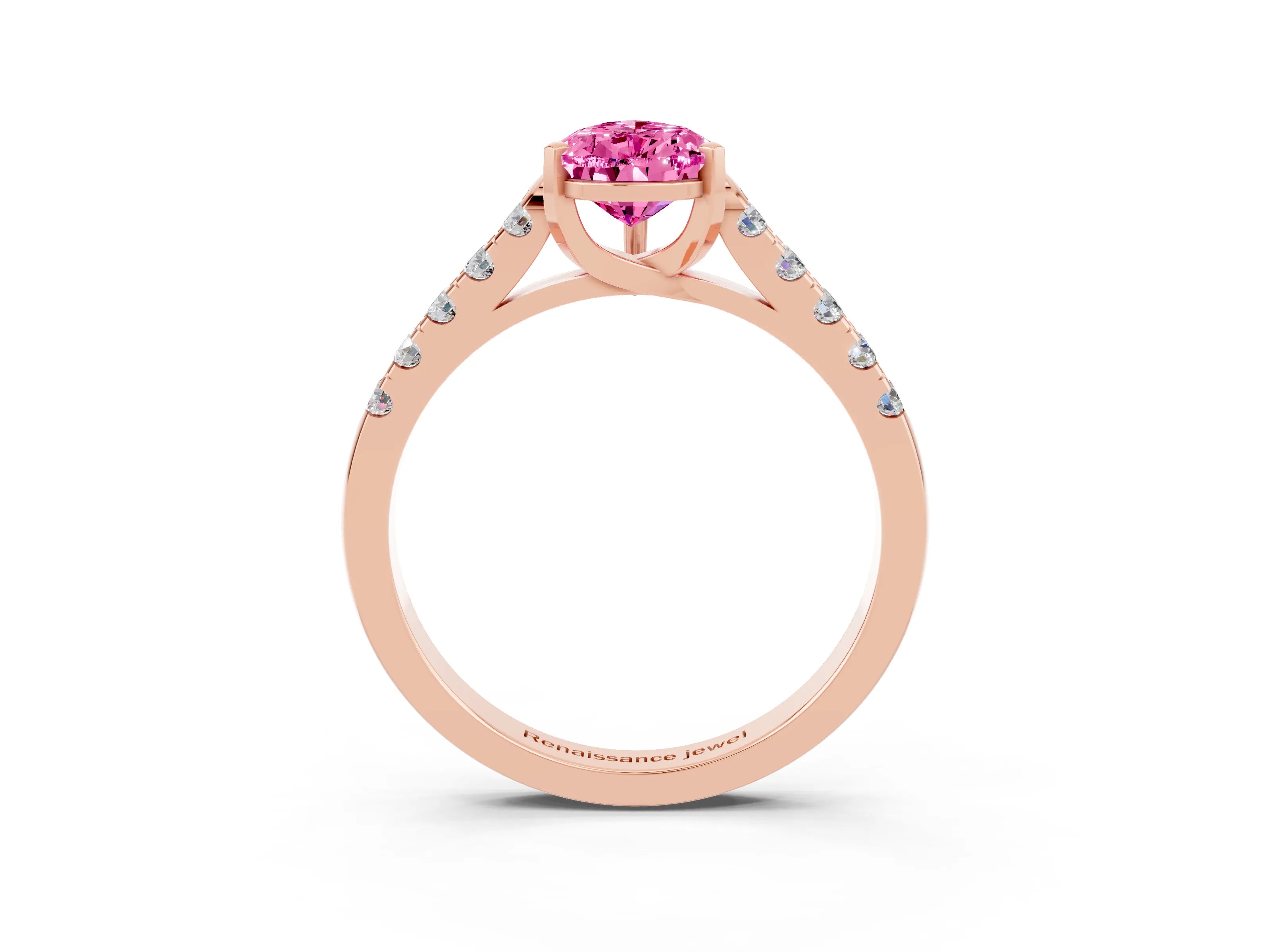 Rose gold {shape_name} Pink Sapphire Solitaire Ring with Pavé Band and Four-Prong Setting_3