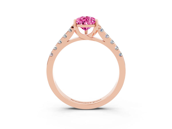 Rose gold Pear Cut Pink Sapphire Pavé Band Solitaire Ring with Prong Setting