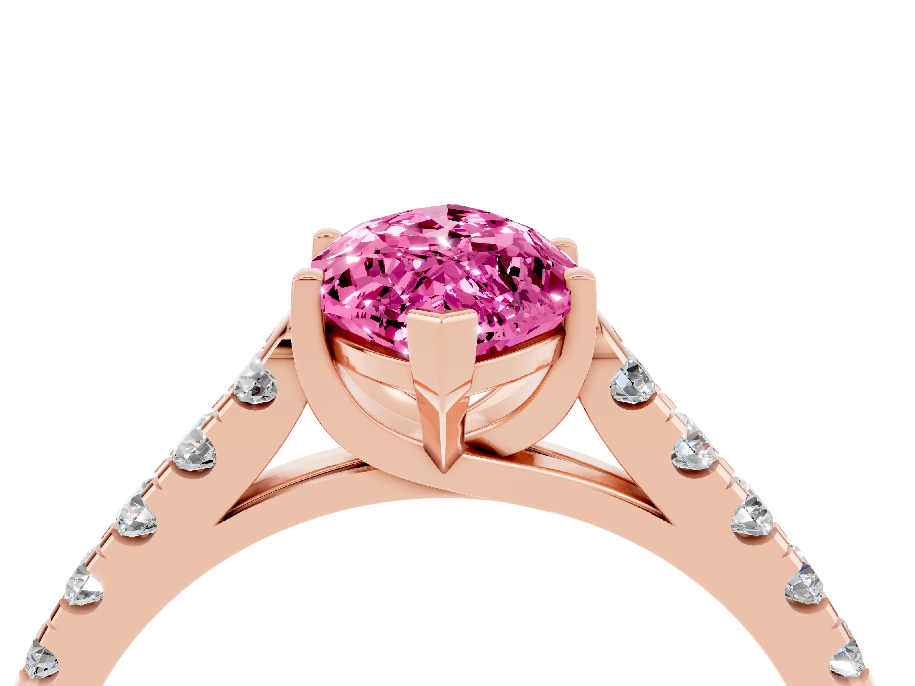 Rose gold {shape_name} Pink Sapphire Solitaire Ring with Pavé Band and Four-Prong Setting_4