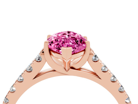 Rose gold {shape_name} Pink Sapphire Solitaire Ring with Pavé Band and Four-Prong Setting_4