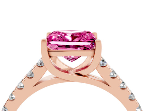 Rose gold {shape_name} Pink Sapphire Solitaire Ring with Pavé Band and Four-Prong Setting_4