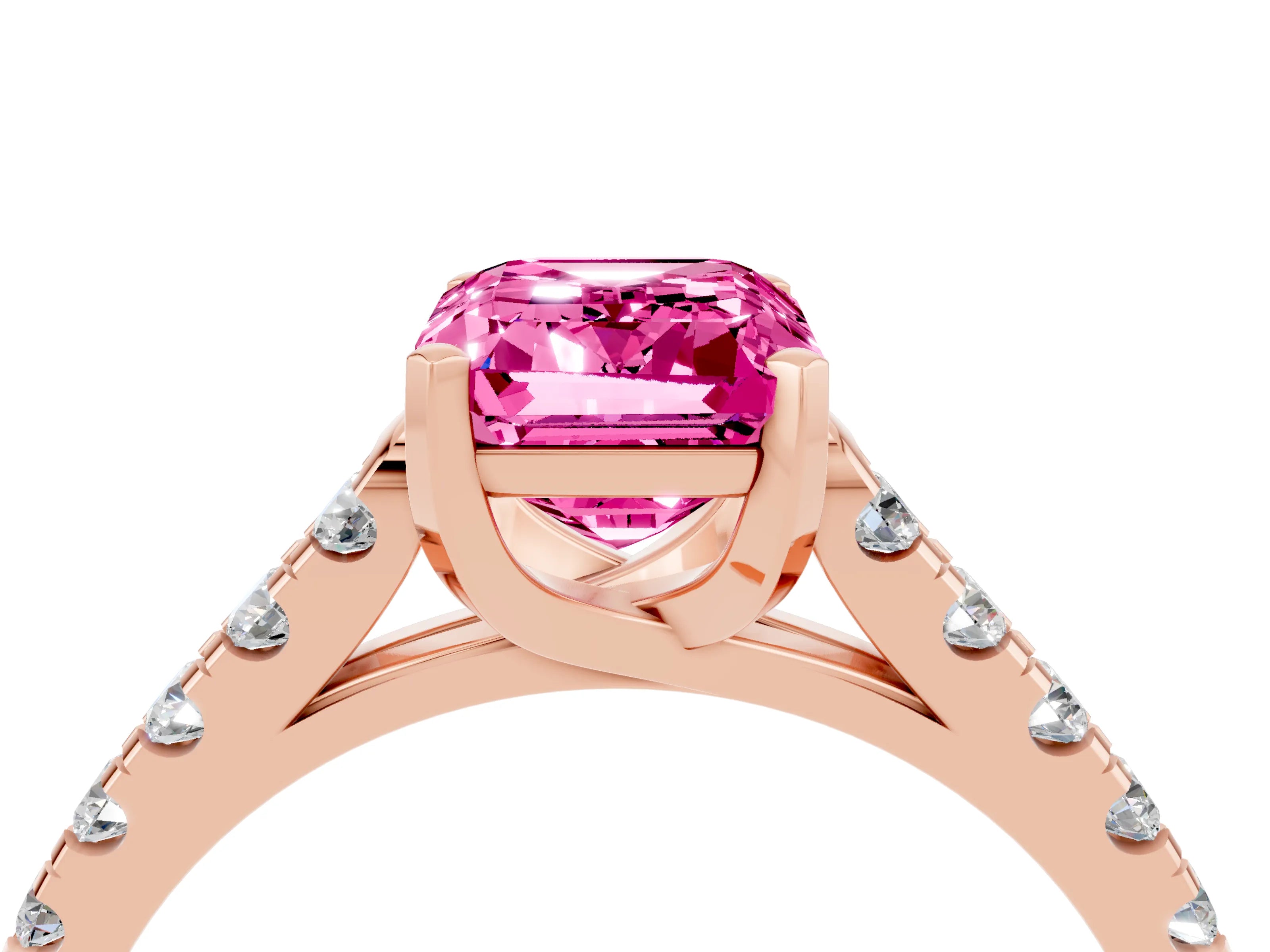 Rose gold {shape_name} Pink Sapphire Solitaire Ring with Pavé Band and Four-Prong Setting_4