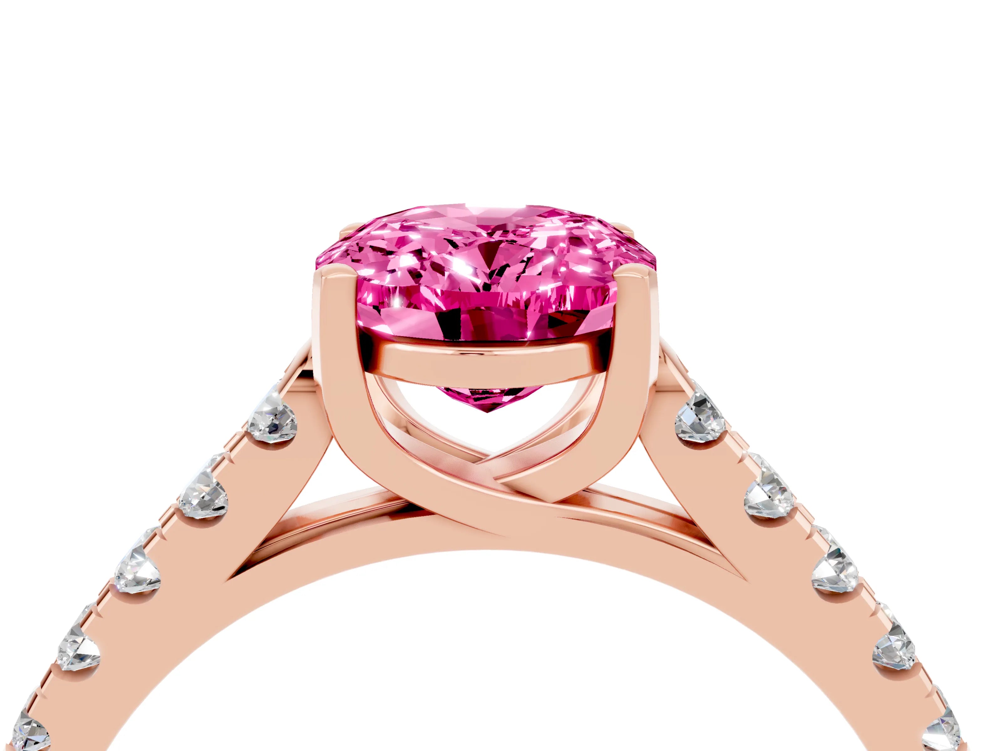Rose gold {shape_name} Pink Sapphire Solitaire Ring with Pavé Band and Four-Prong Setting_4