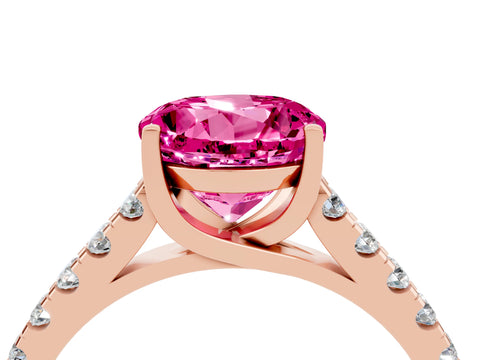 Rose gold {shape_name} Pink Sapphire Solitaire Ring with Pavé Band and Four-Prong Setting_4