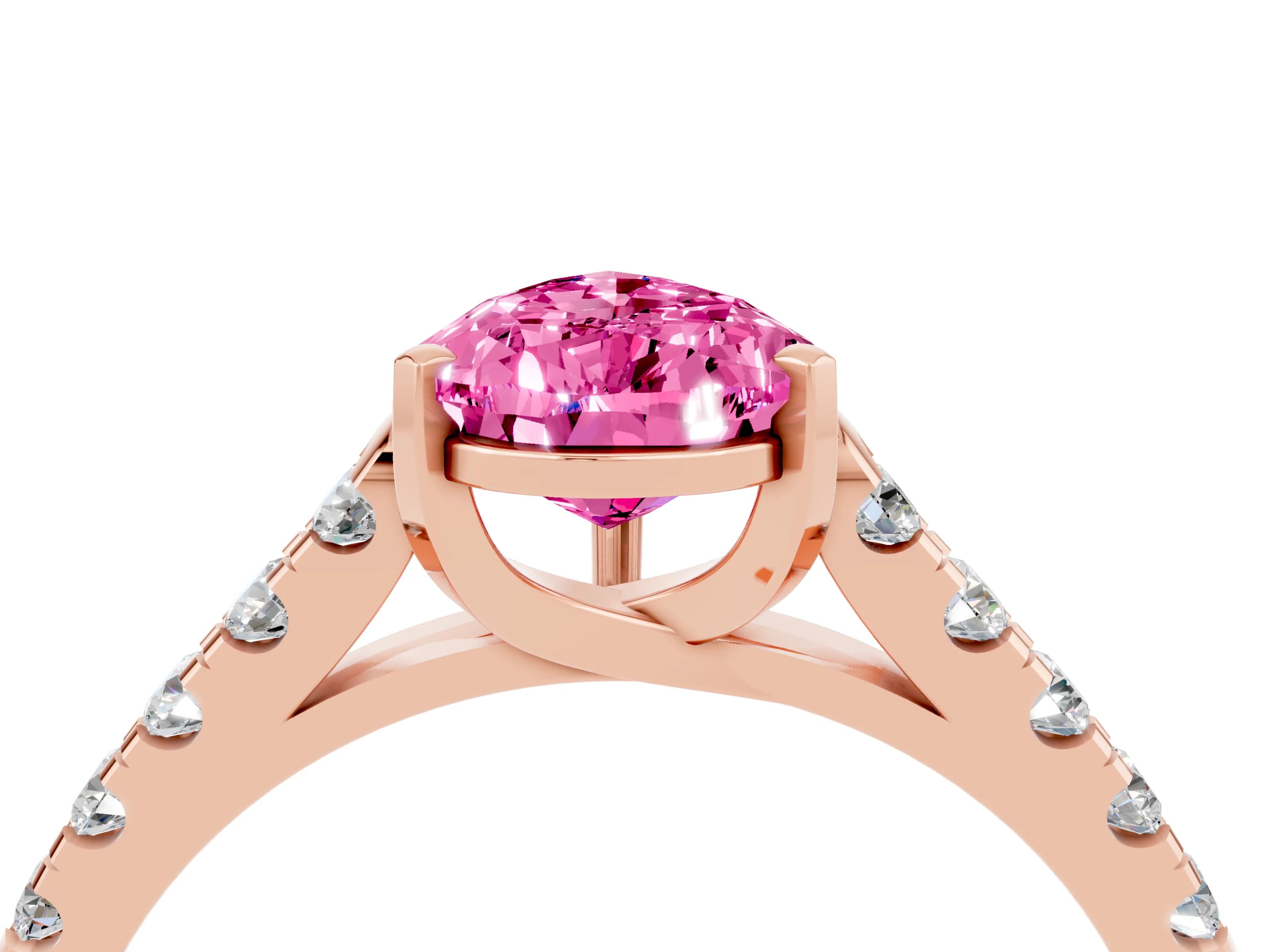 Rose gold {shape_name} Pink Sapphire Solitaire Ring with Pavé Band and Four-Prong Setting_4