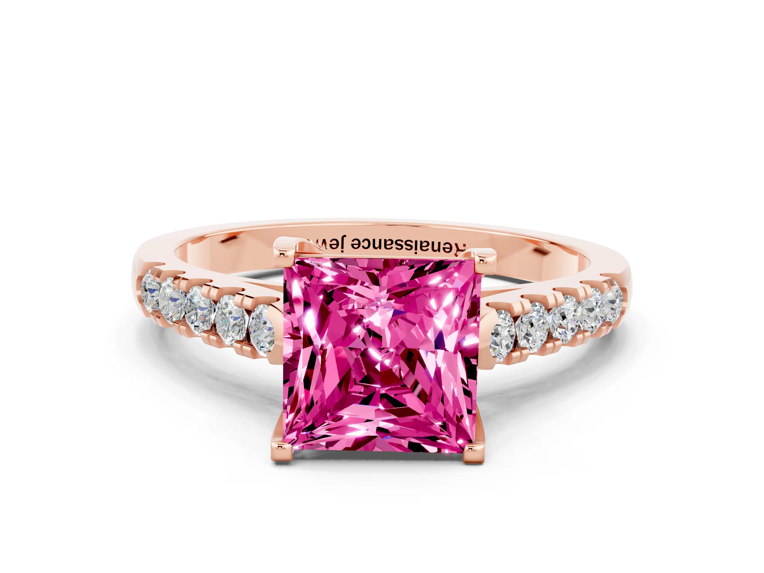 Rose gold {shape_name} Pink Sapphire Solitaire Ring with Pavé Band and Four-Prong Setting