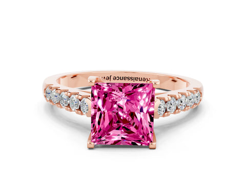 Rose gold {shape_name} Pink Sapphire Solitaire Ring with Pavé Band and Four-Prong Setting