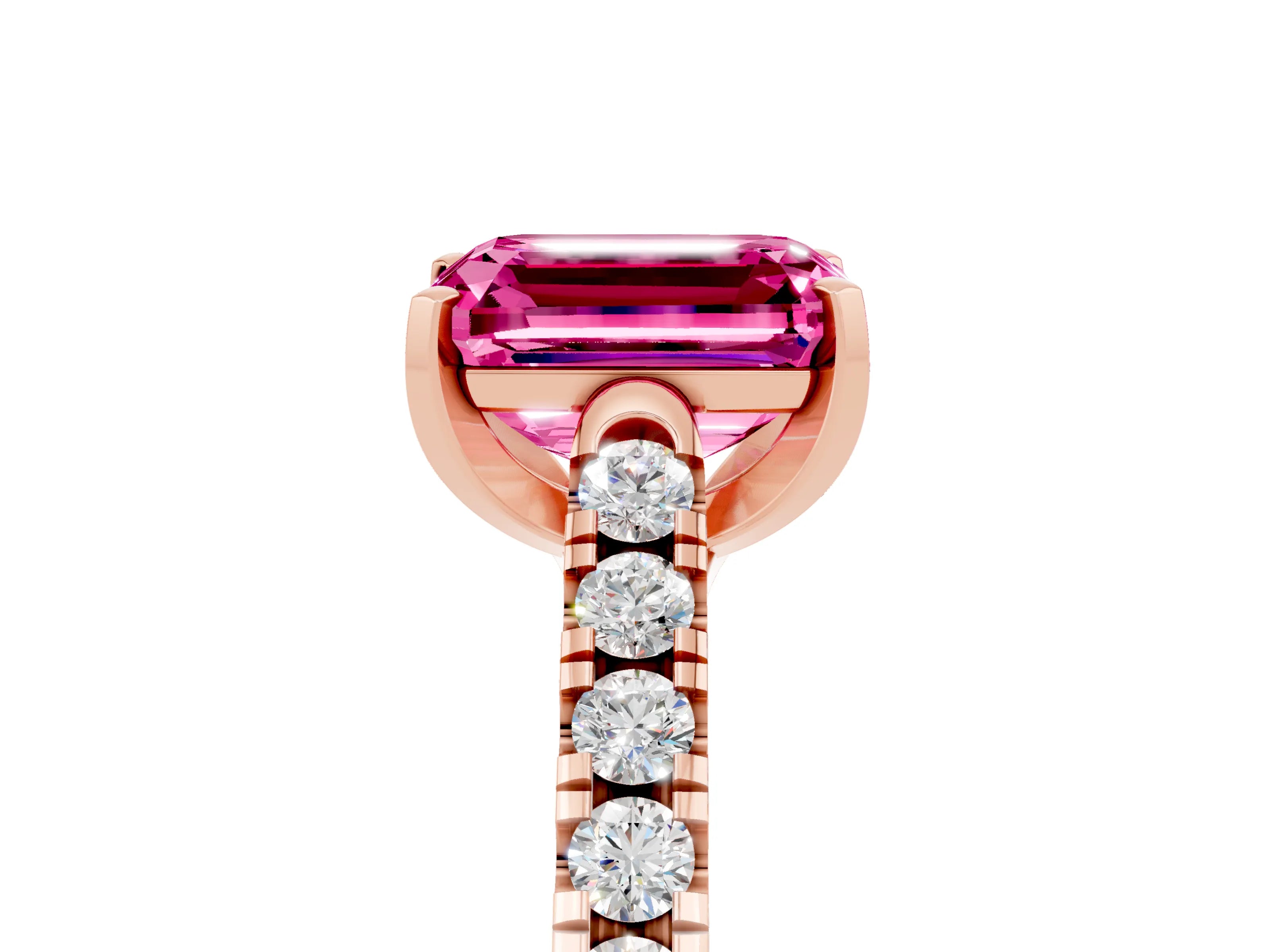 Rose gold {shape_name} Pink Sapphire Solitaire Ring with Pavé Band and Four-Prong Setting_5