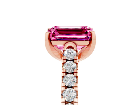 Rose gold {shape_name} Pink Sapphire Solitaire Ring with Pavé Band and Four-Prong Setting_5