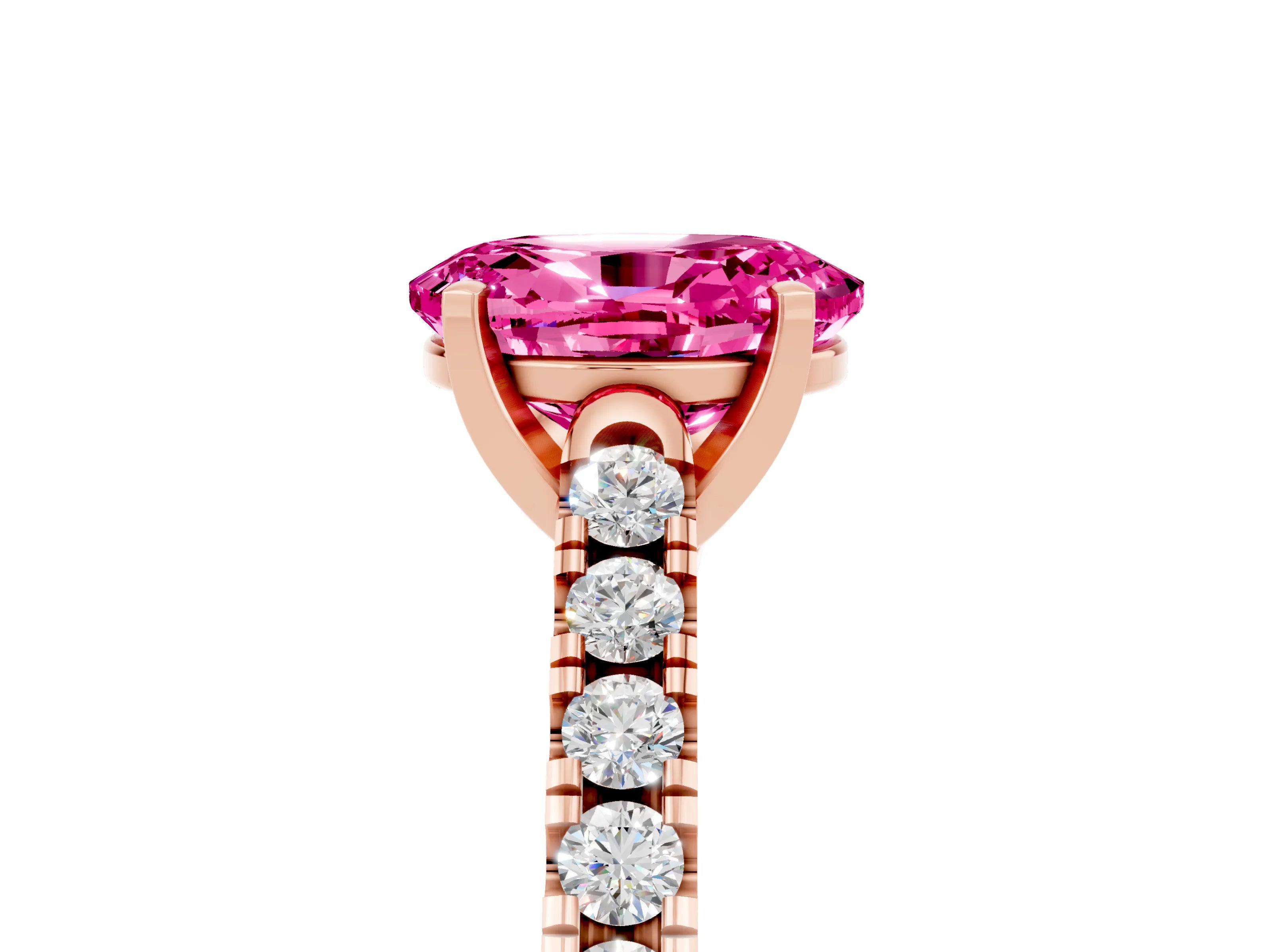 Rose gold {shape_name} Pink Sapphire Solitaire Ring with Pavé Band and Four-Prong Setting_5