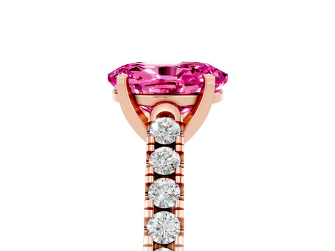 Rose gold {shape_name} Pink Sapphire Solitaire Ring with Pavé Band and Four-Prong Setting_5