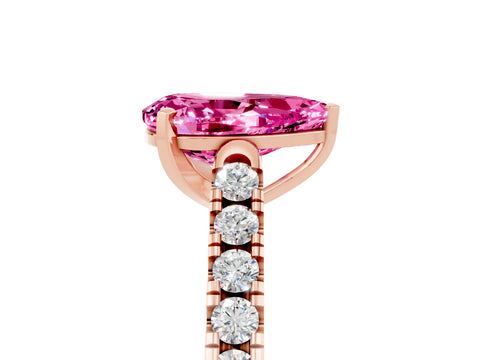 Rose gold {shape_name} Pink Sapphire Solitaire Ring with Pavé Band and Four-Prong Setting_5