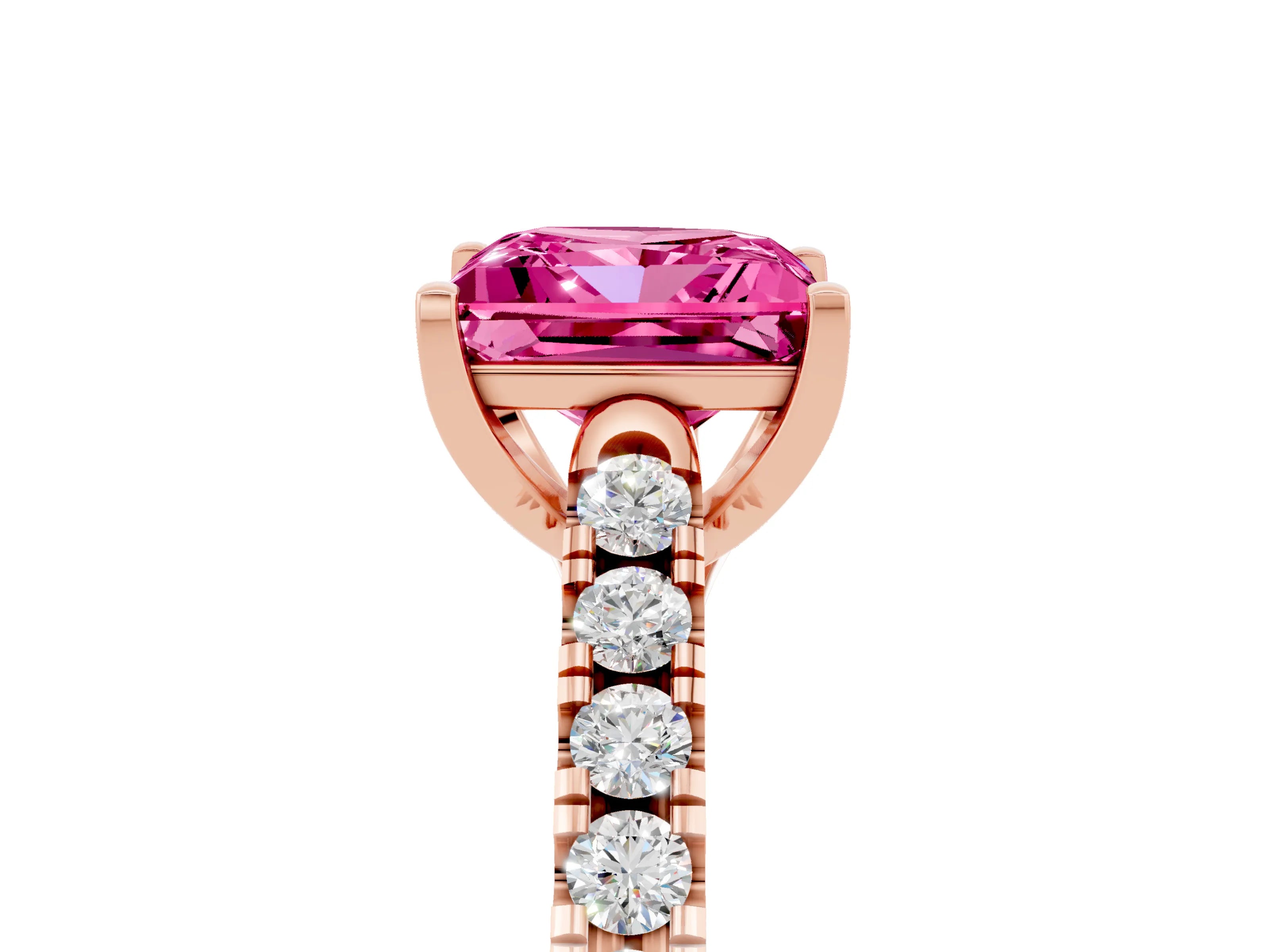 Rose gold {shape_name} Pink Sapphire Solitaire Ring with Pavé Band and Four-Prong Setting_5